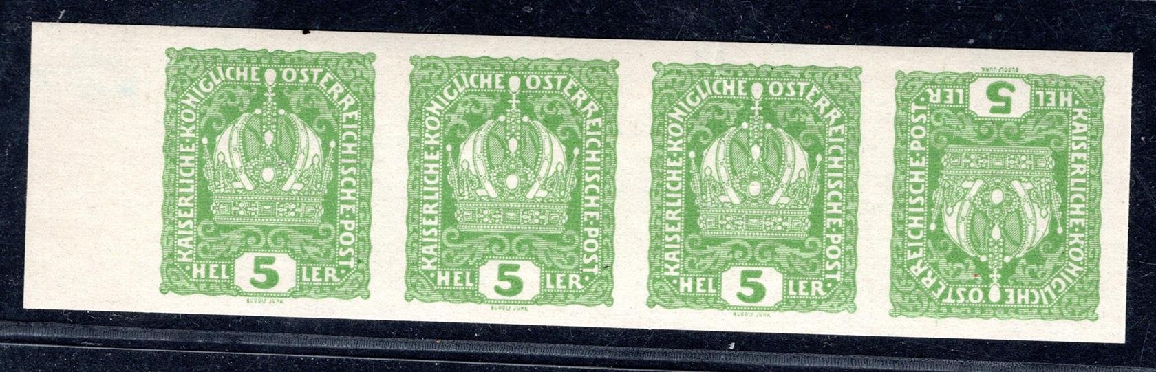 Rakousko - Mi. 186 K U + 2 x 186 U, krajová 4 páska, koruna nezoubkovaná 5 H zelená, atest Soecknick, kat 560 euro ,- +++