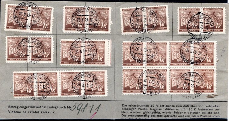 úsporný lístek Poštovní spořitelny na 30 K - plně vyplacený pestrou frankaturou známek B/M na jméno Evžen Wolker, zajímavý doklad užití poštovních známek