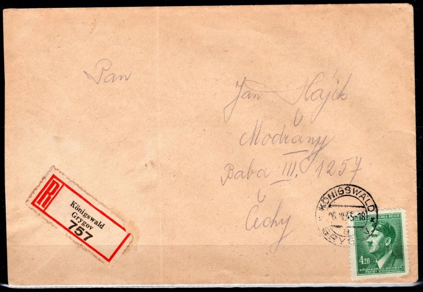 R dopis z Grygova  26/III/45, vyplacený známkou A.H.,  č. 122, adresovaný do Modřan, příchozí Modřany, 28/III/45