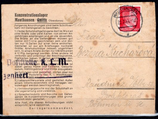 KL Mauthaussen, předtištěný formulář vyplacený známkou 12 Pf, razítko Mauthausen22/7/44, adresovaný do Roudnice nad Labem, hnědé skvrnky, cenzura