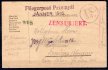 Flegerpost Przemysl, letecká pošta, leden 1915, karta adresovaná do Maďarska, zenzura, kulaté fialové razítko IX/4