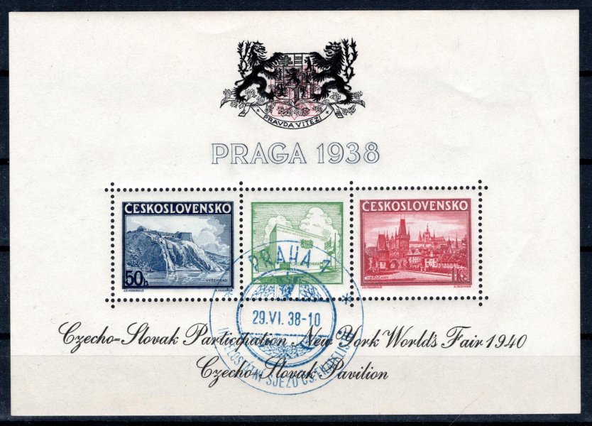 A 342/3, Praga 38 s přítiskem New York 1940, znak i nápis černé, příležitostné razítko