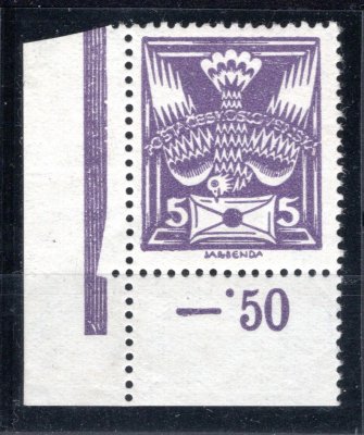 144 A, rohový kus , 5 h fialová, ZP 91 - retuš,  zk. Chvalovský