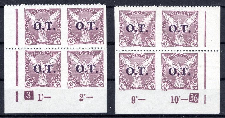 OT 1, levý a pravý dolní rohový 4 blok s DČ 3-36, 10 h fialová s částečnou perforací, zajímavé