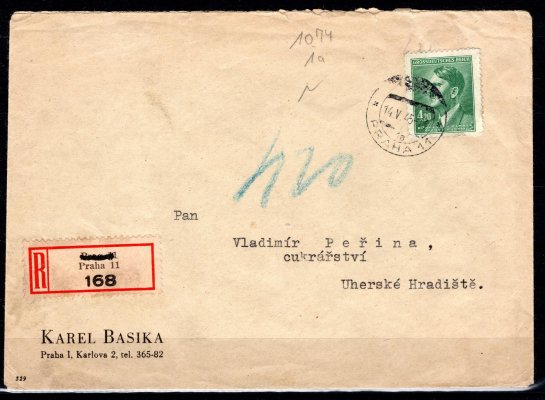 firemní R dopis z Pardubic 9/III/45 do Hořovic, vyplacený jednoznámkovou frankaturou č. 122, A.H. 4,20 K zelená, příchozí razítko Hořovice 10/III/45