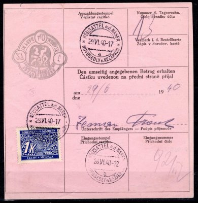 šeková poukázka Poštovní spořitelny na 190,- K , příchozí Novosedly nad Nežárkou 29/VI/40 s DL 9