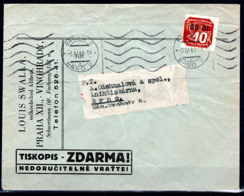 firemní obálka vyplacená známkou OT 1, adresovaná do Brna, strojové razítko Brno 2, 3/IV/41