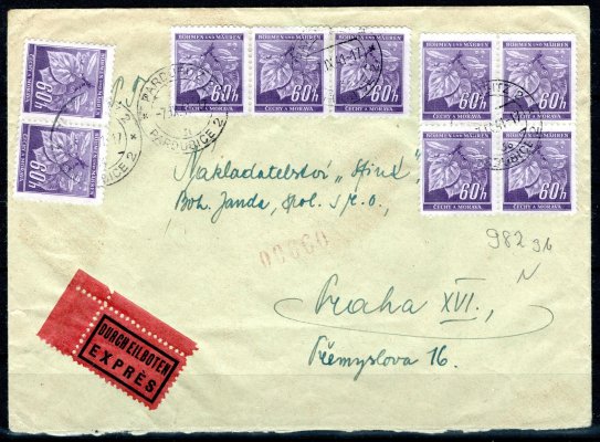 Ex dopis z Pardubic 7/IX/41, vyplacený násobnou frankaturou  9 x č. 54 ( 5,40 Kč), adresovaný do Prahy, příchozí razítko Praha 55, 8/IX/41, hledaná frankatura
