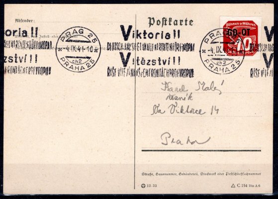 karta vyplacená známkou OT 1, strojové razítko Praha 25, 4/IX/41, " VIKTORIA " , adresovaná do Prahy