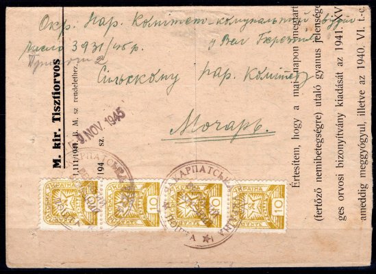 Karpatská Ukrajina - 1945 úřední tiskopis , se známkou 4 x č. 4 ,razítko Velký Berezný, datum 16/VII/45