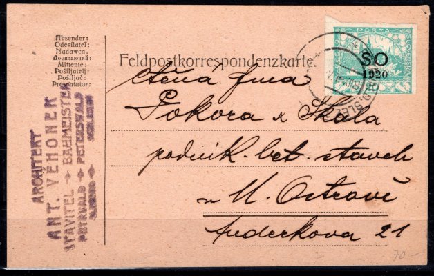 karta vyplacená známkou SO 6 - 20 h modrozelená, podací razítko Petřvald, adresovaná do Moravské Ostravy