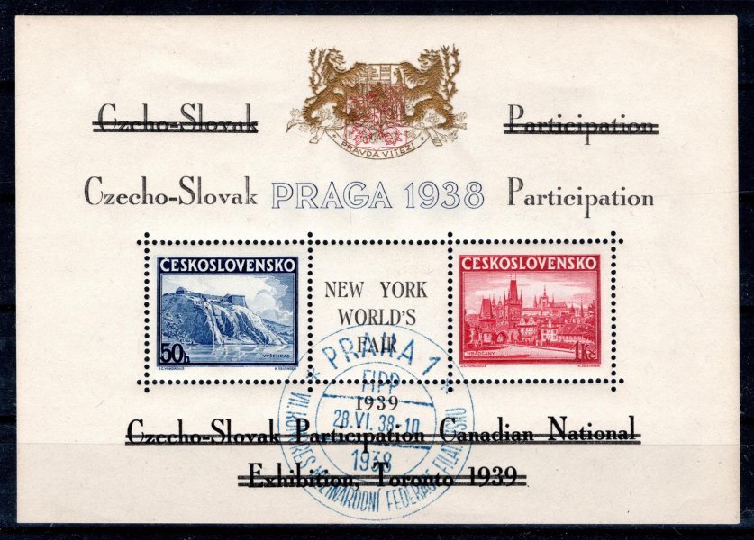 A 342/3, Praga 38 s přítiskem Toronto 1939, nápisy přeškrtnuty, znak zlatý,  nápis černý, příležitostné razítko