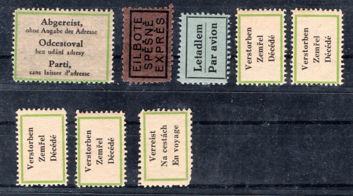 sestava přídavných poštovních nálepek používaných v období protektorátu, zajímavé