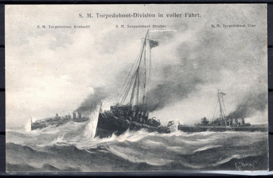 pohlednice divize torpedoborců v akci, na zadní straně stopy po přilepení hledané