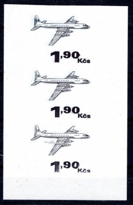 L 77, letecké, třípáska, zkouška tisku černé barvy na lístku papíru s lepem - z pozdější doby - stříhané 
