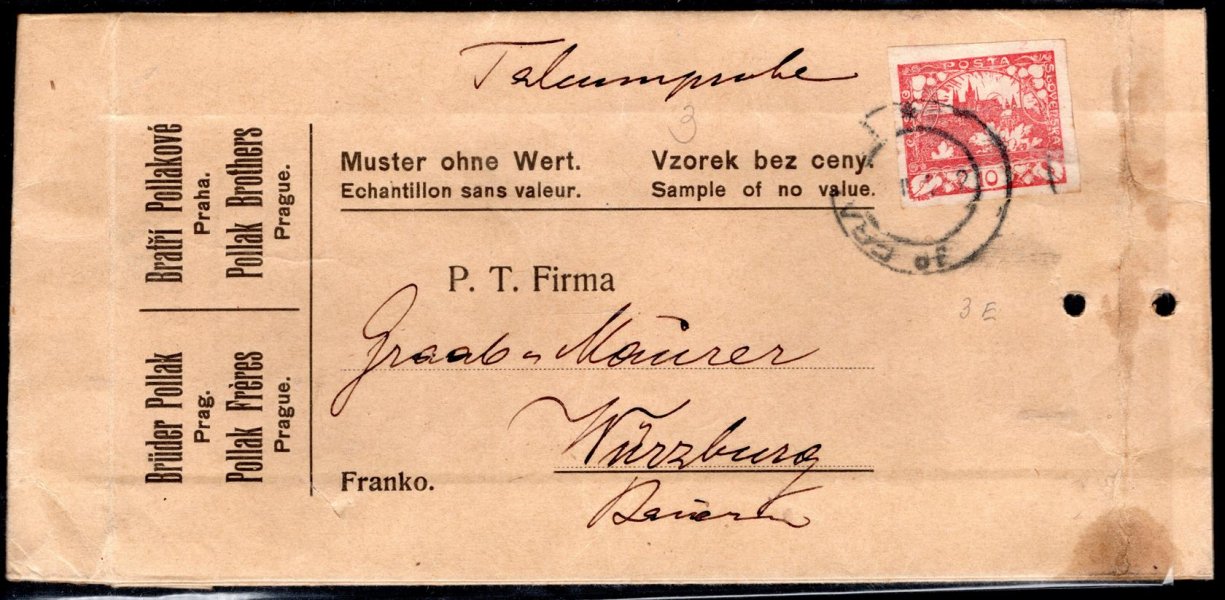těžší dopis - ukázka zboží bez ceny, vyplacený známkou č. 5, červená 10 h zaslaný do Německa, zajímavé