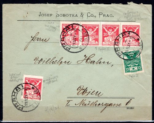 dopis, vyplacený 5 x č. 151 - 20 h červená a 149 OR 25 h zelená do Vídně
