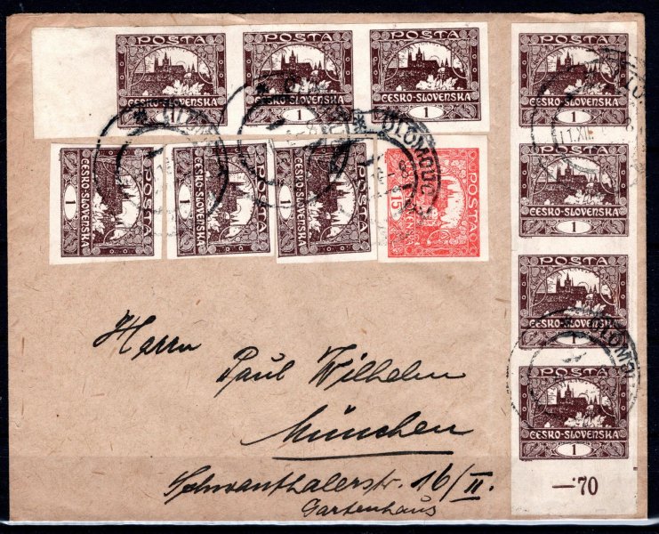 dopis z Olomouce do Mnichova, vyplacený známkou č. 7 a 10 x č. 1, zajímavá frankatura