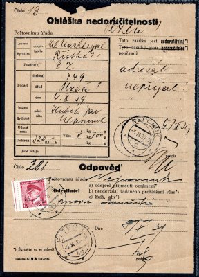 ohláška nedoručitelnosti zaslaná z poštovního úřadu v Nepomuku 5/X/39 se známkou č.352 do Plzně, příchozí Plzeň 1, 9/X/39, zajímavý a hledaný poštovní doklad