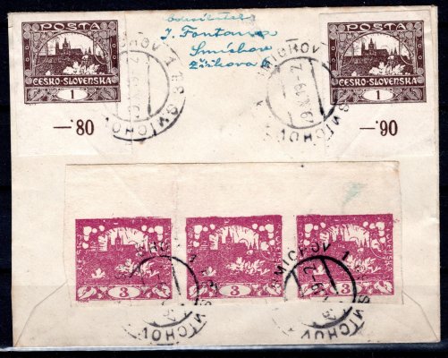 doporučený dopis frankovaný na přední straně dvojicí legionářských známek - 15 h zelená a 50 h modrá II. typ a hradčanskou známkou 1 h hnědá, na zadní straně vylepeny dva kusy 1 h hnědé hradčanské známky a vodorovná třípáska hodnoty 3 h fialová, hezká čitelná razítka SMÍCHOV 1 s daty 29. X. 1919 - druhý den vydání (), celkové výplatné 77 haléřů - celistvost odeslaná v II. TO a jako taková je o 2 h přefrankovaná, stopy poštovního provozu, adresováno na Josefa Fontanu