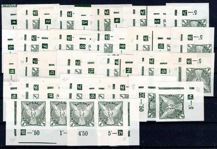 NV 2, Sokol v letu 5 h zelená, kompletní sestava DZ 1-20   34, 40 ks  rohových známek,   v katalogu cena kurzívou, velmi těžko, prakticky neposkladatelný komplet, hledané