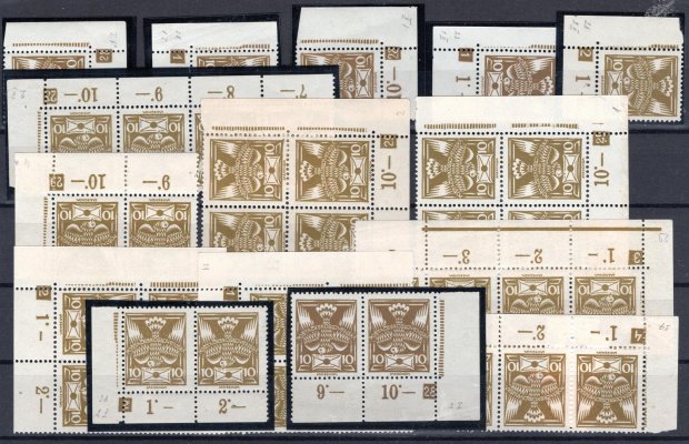 146 A kompletní sestava DZ  let 1928 a 1929 rohových  známek a 4 bloků 10 h olivová