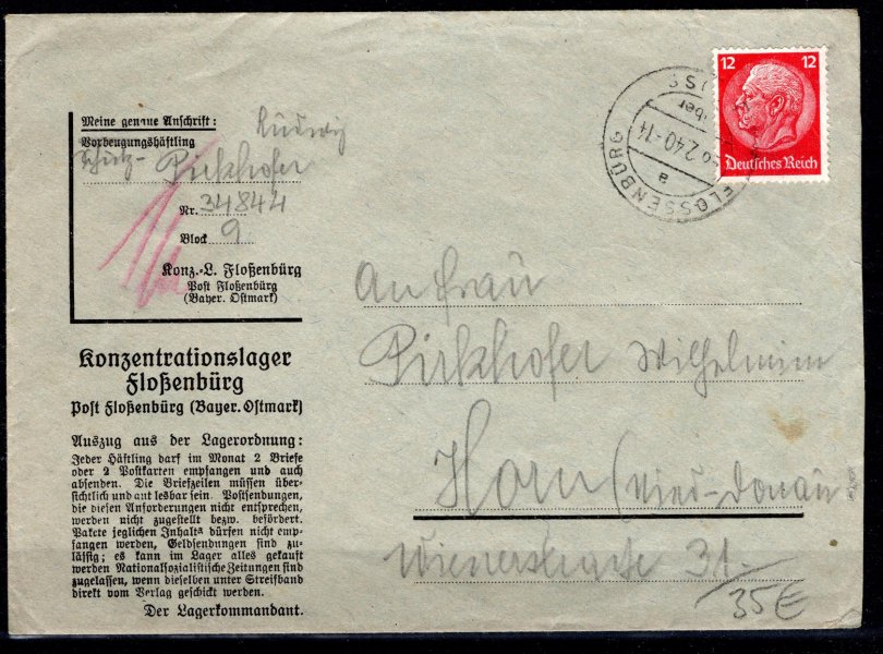 DR - KL Flossenburg, předtíštěná obálka koncentačního tábora, vyplacená známkou 12 Pfg Hindenburg, podací razítko Flossenburg 8/2/40