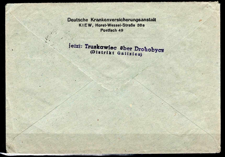GG  předtištěná obálka německé služební pošty na Ukrajině vyplacená známkou GG 24  Pf Hitler, zaslaná do Brna