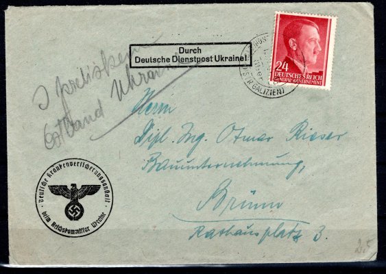 GG  předtištěná obálka německé služební pošty na Ukrajině vyplacená známkou GG 24  Pf Hitler, zaslaná do Brna