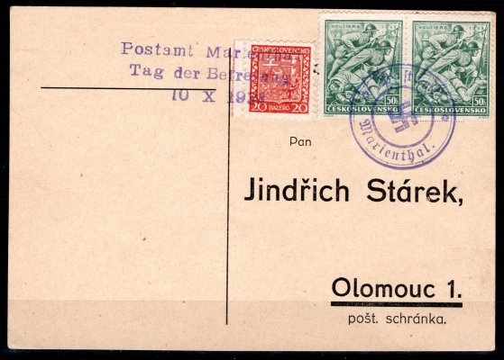 Dopisnice se známkou 250 a dvoupáska 337 - dvoukruhové razítko Marienthal se svastikou a třířádkovým razítkem 10.10.1938 