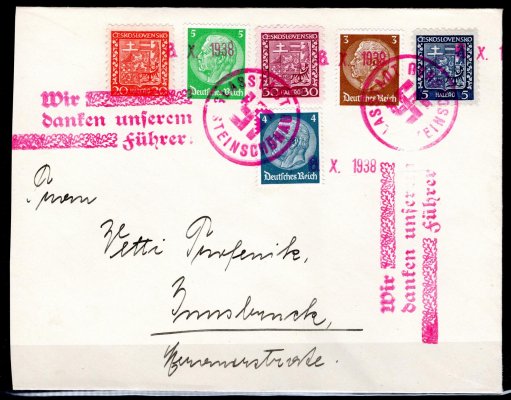 Dopis čsr s neměckou frankaturou a Hindelburg + Znak  - podací razítko Kamenický Šenov se svaztikou 6.10.1938 v červené barvě 