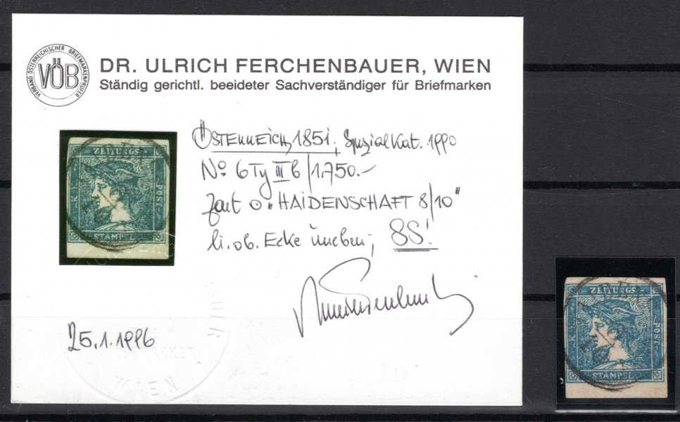 6 IIIb; Modrý Merkur typ IIIb, raz. HAIDENSCHAFT, 8. 10., atest Ferchenbauer, ANK € 110.-, velmi pěkný kus.