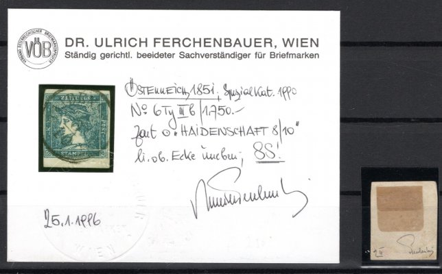 6 IIIb; Modrý Merkur typ IIIb, raz. HAIDENSCHAFT, 8. 10., atest Ferchenbauer, ANK € 110.-, velmi pěkný kus.