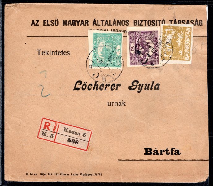 R dopis z Kassa (Košice) s pestrou frankaturou hradčanských známek, na pravé straně zastřižený