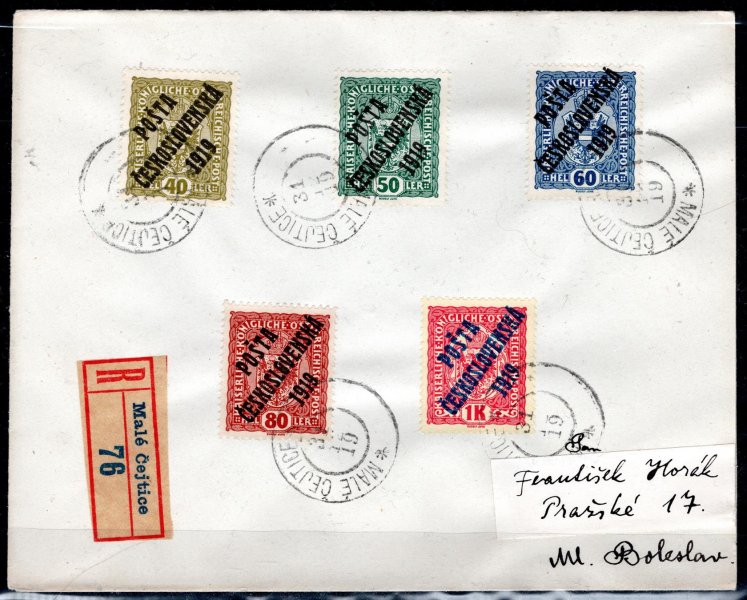 Dopis Pč 1919 ; vylepenými pěti známky ex 33 - 47 - dolepená adresa 