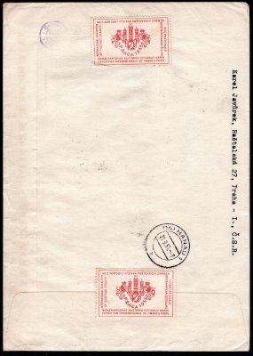853 - 7 A, aršík zoubkovaný, zaslaný na R dopise z výstavy 16/9/55 do Německa, příchozí razítko Hanau, 21/9/55