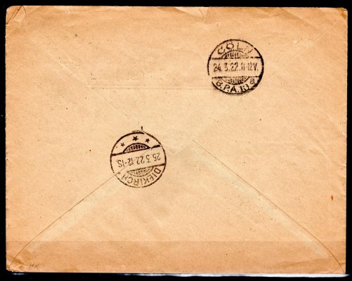 dopis vyplacený známkou TGM 125 h a pestrou frankaturou známek emise Holubice a OR adresovaný do Luxemburgu, přchozí razítko