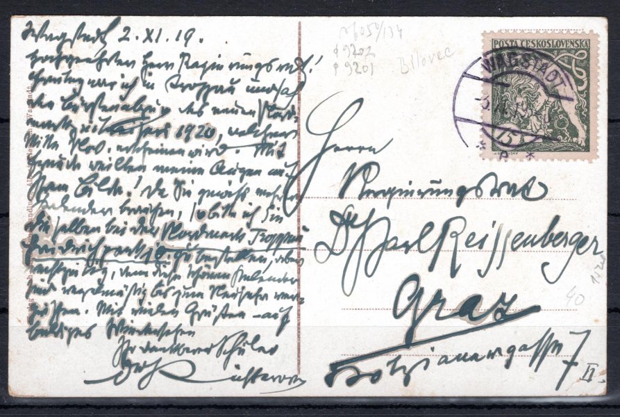 Pohlednice vyfrankovaná legionářskou známkou hodnoty 15 h zelená, adresováno do Rakouska, odesláno dle platného tarifu pro tuzemsko, hezký otisk razítka WAGSTADT s datem 3. XI. 1919 - poslední den platnosti