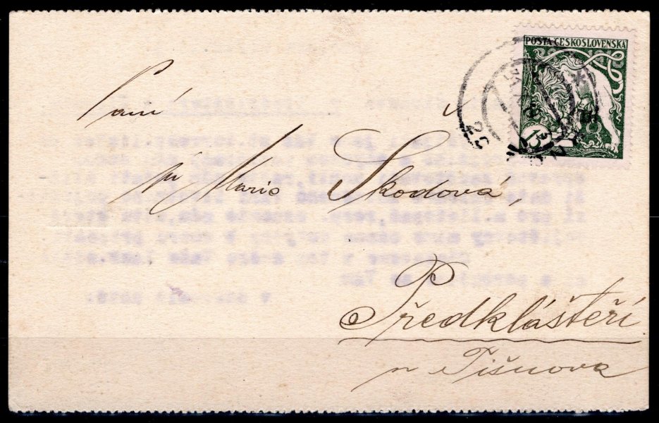legionářské celistvosti, firemní karta s perforací na vodorovných stranách vyfrankovaná legionářskou známkou hodnoty 15 h zelená, adresováno v tuzemsku, odesláno dle platného tarifu, razítko BRNO s datem 31. X. 1919
