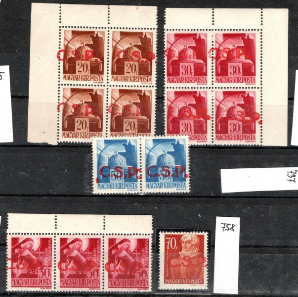 Rimavská Sobota - přetisk ČSP na maďarských známkách : 4 - blok Michel 715 + 736 - 2 - páska Michel 737: 3- páska Michel 753 a 758  - hledané - zkoušené 