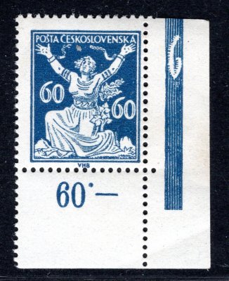 157 A, pravý dolní rohový kus s DČ - číslice 6 v ochranném rámu, 60 h modrá, hledané, v katalogu velmi podceněno
