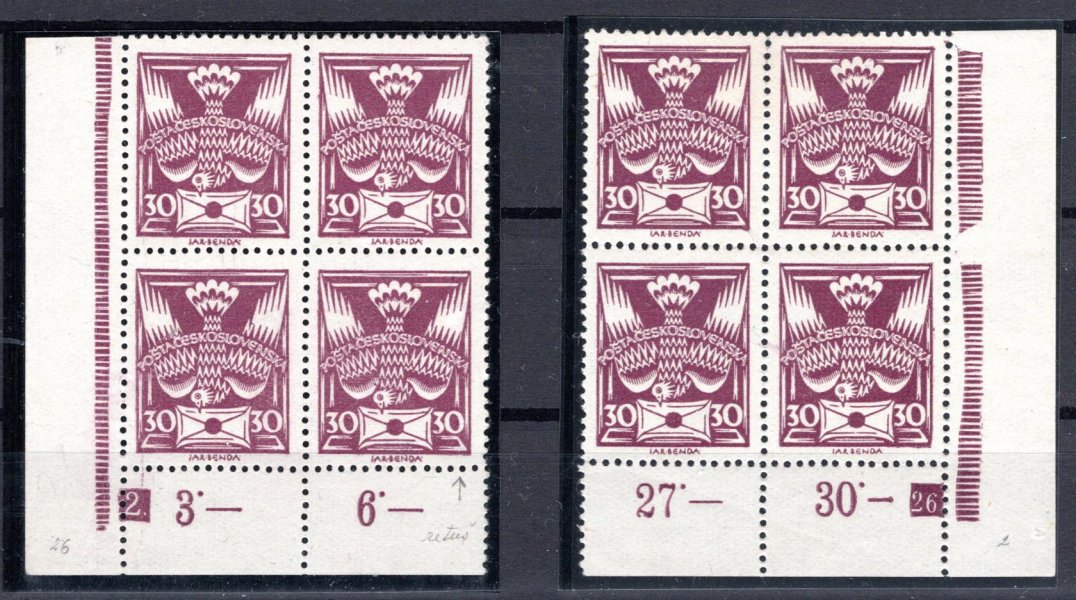 150 A, levý a pravý dolní rohové 4 bloky s DZ 2-26 a retuší, 92/VII, fialová 30 h vzácné