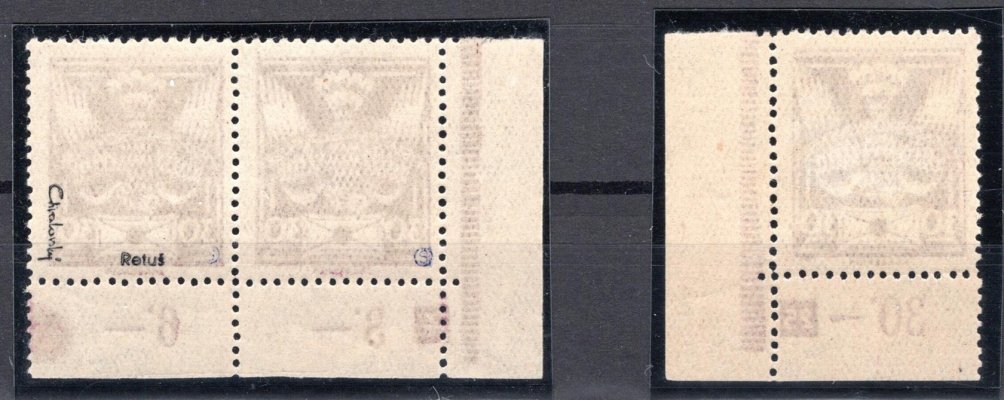 150 A, levý a pravý dolní rohové kus s DZ  4-25 a retuší, 92/VII, vzácné, barevná skvrna na spodním okraji
