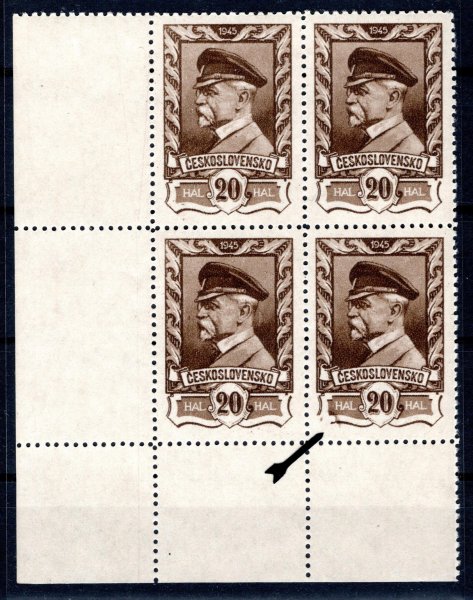 383 ; Moskevské vydání, 20h DV 92/3 "nedotištěný levý štítek", rohový 4blok
