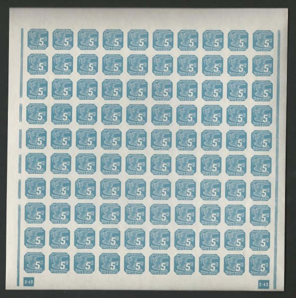 NV 11 PA (100),  modrá 5 h, DČ 2-43  RRR !, vlevo přerušený rám, jeden z nejvzácnějších archů novinových známek, ojedinělá nabídka a příležitost