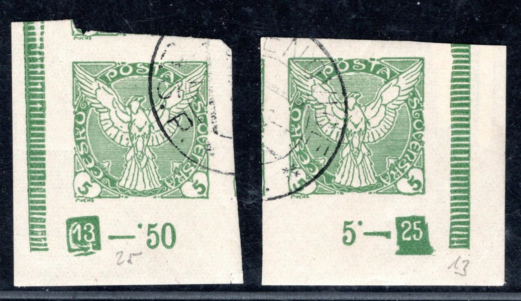 NV 2 ; Sokol v letu, 5 H světle zelená - dva rohové kusy s deskovým číslem 13 a 25 