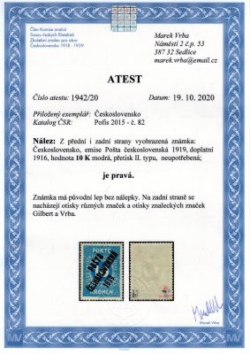 82, typ II, doplatní malá čísla, 10 K modrá, známka s původním lepem bez nálepky, zk. Gi,Vr a arest Vrba