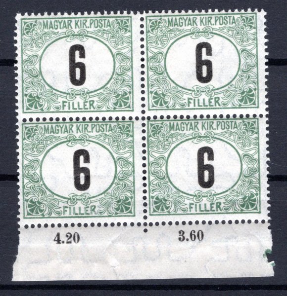 6 f černé číslo Madarské ; rok vydaná 1914 průsvitka Pz - krajový 4 - blok s počítadly 