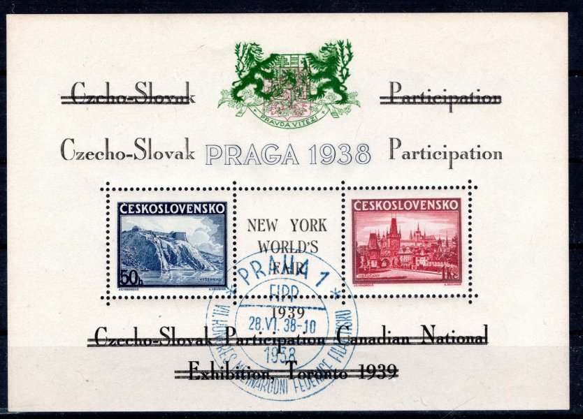 A 342/3, Praga 38 s přítiskem Toronto 1939, nápisy přeškrtnuty, znak zelený,  nápis černý, příležitostné razítko