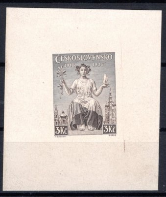 Nevydaná 1 Kč, výročí vydání známek, rytina v červené  barvě na lístku papíru